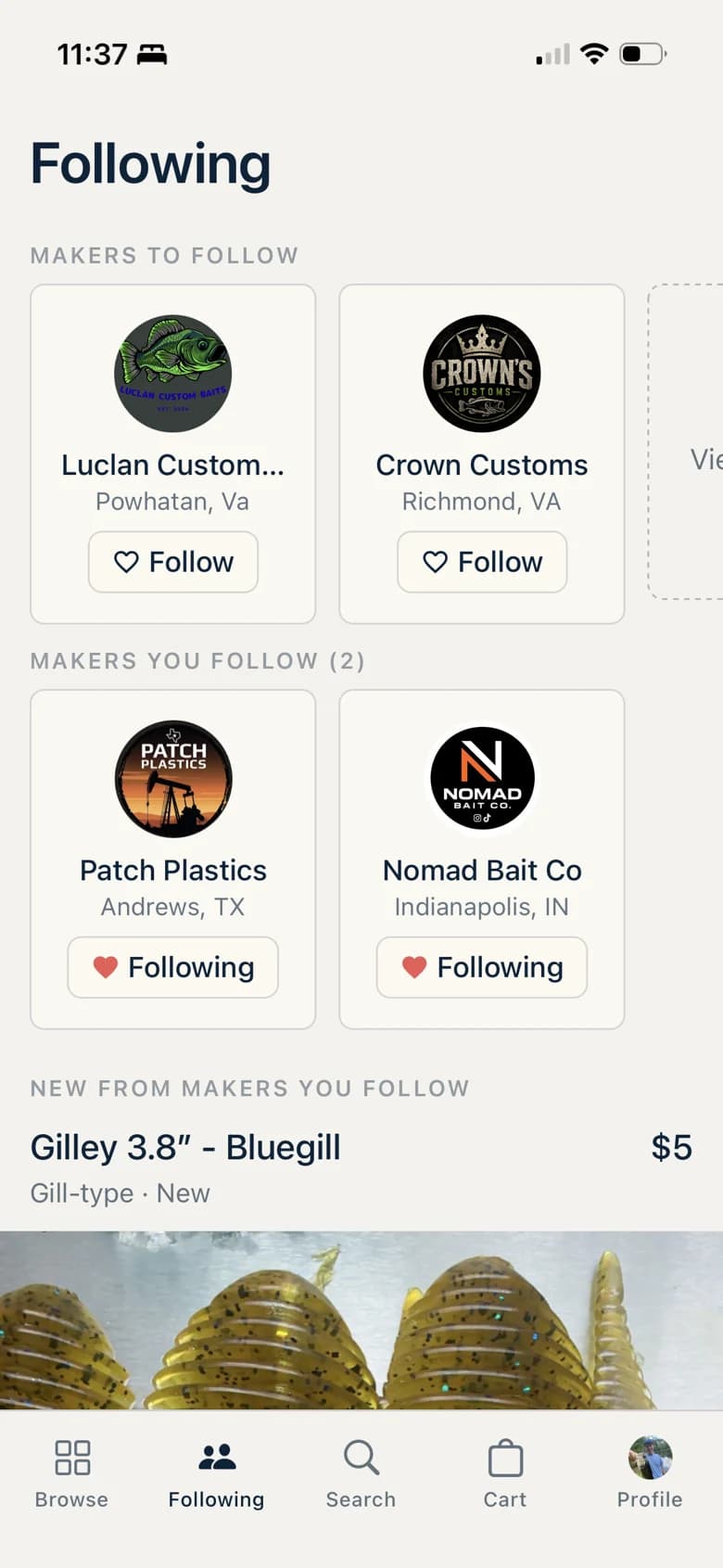 The Following tab on iPhone: maker cards for Luclan Custom Baits, Crown Customs, Patch Plastics, and Nomad Bait Co, above a feed of their newest baits.