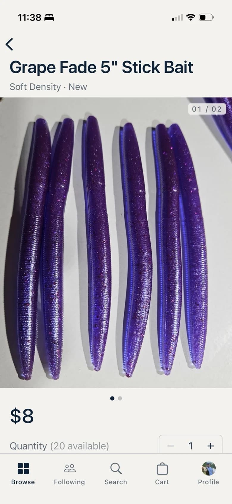 A bait listing on iPhone: Grape Fade 5 inch Stick Bait, soft density, $8, twenty available, with the maker's own photos.