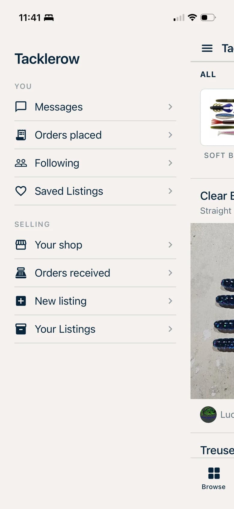 The Tacklerow menu on iPhone, showing a maker's shop tools: your shop, orders received, new listing, and your listings.